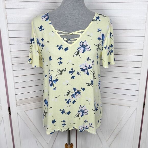 SO Heritage Floral Lace Up V Neck Short Sleeve Blouse Yellow Blue Small - Picture 1 of 11